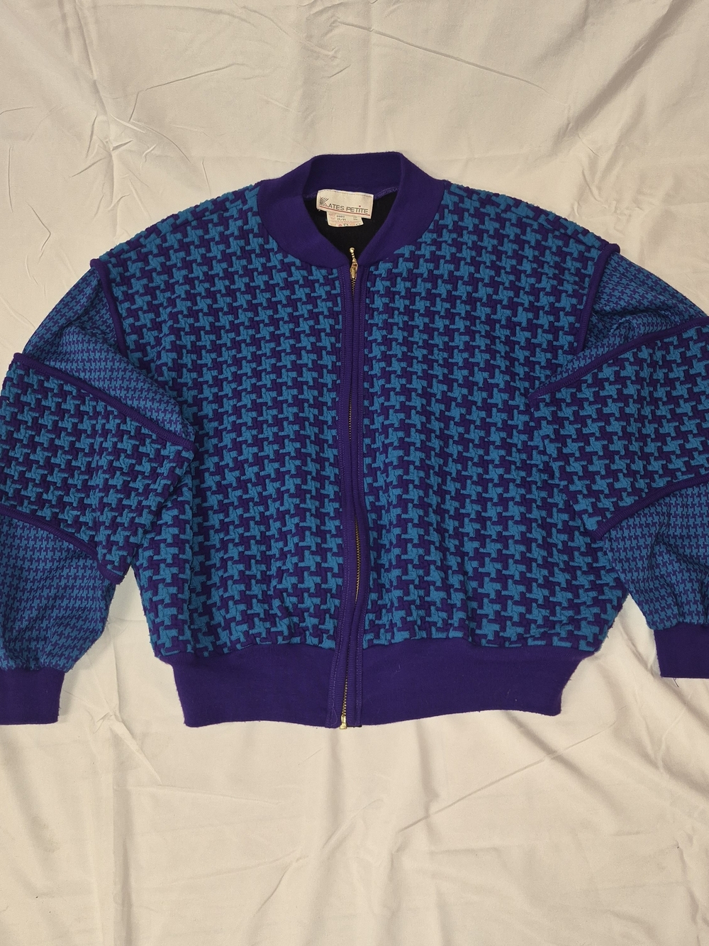 Retro Houndstooth Bomber Jacket - Blue & Purple